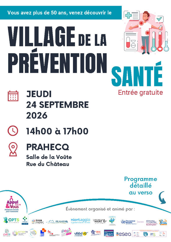 Affiche du Village de la Prévention Santé – Prahecq, jeudi 24 septembre 2026, 14h-17h, entrée gratuite