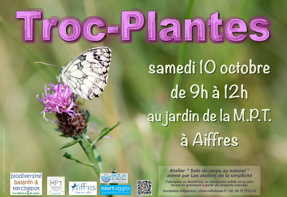 Affiche du Troc-Plantes du samedi 10 octobre, de 9h à 12h au jardin de la M.P.T. à Aiffres