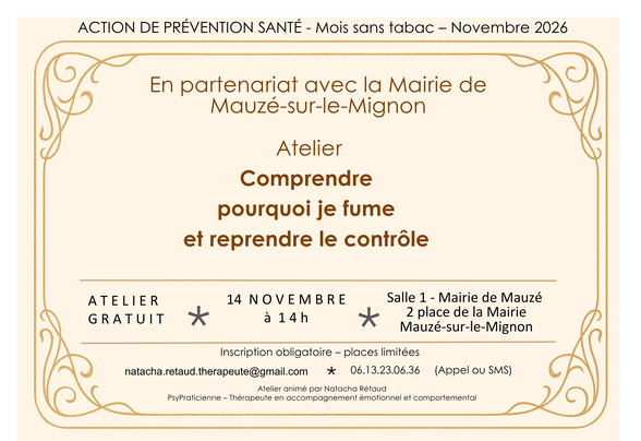 Affiche de l'atelier « Comprendre pourquoi je fume et reprendre le contrôle » – Mois sans tabac